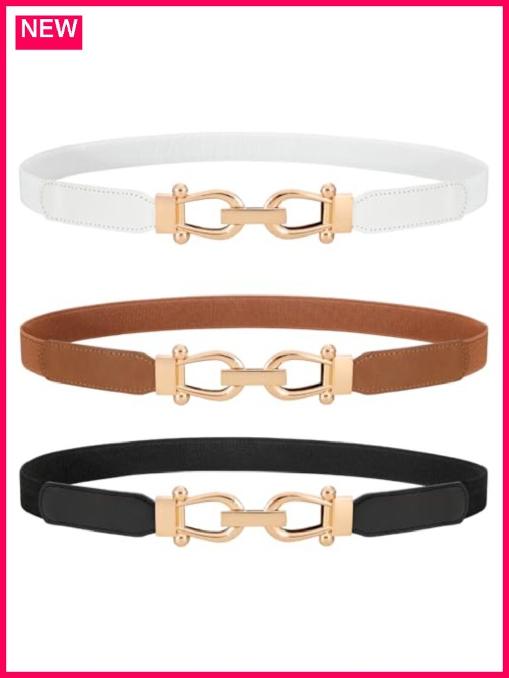 Womens Skinny Elastic Waist Belt Gold Buckle Stretchy Thin Belt 3 Pack